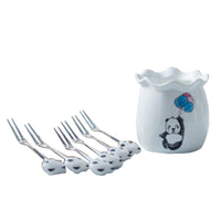 Creative Cute Design Ceramic Non-embroidered Steel Snack Dessert Fruit Fork Set