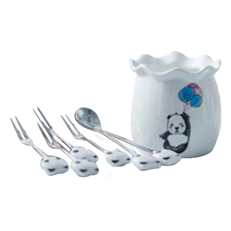 Creative Cute Design Ceramic Non-embroidered Steel Snack Dessert Fruit Fork Set