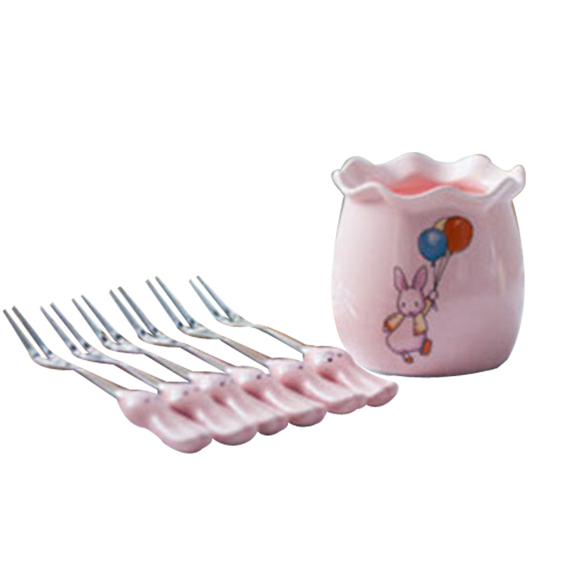 Creative Cute Design Ceramic Non-embroidered Steel Snack Dessert Fruit Fork Set