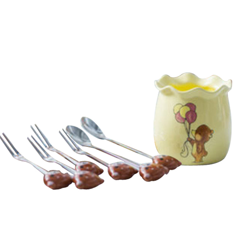 Creative Cute Design Ceramic Non-embroidered Steel Snack Dessert Fruit Fork Set