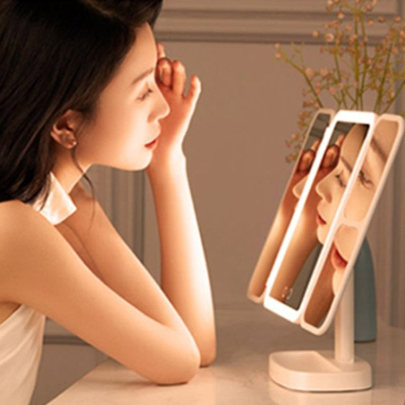 Portable Folding Small Makeup Dressing Mirror Desktop LED Light Easehold