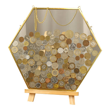 Hexagon Coin Collection Photo Frame Glass Transparent Specimen Clip Wall Hanging
