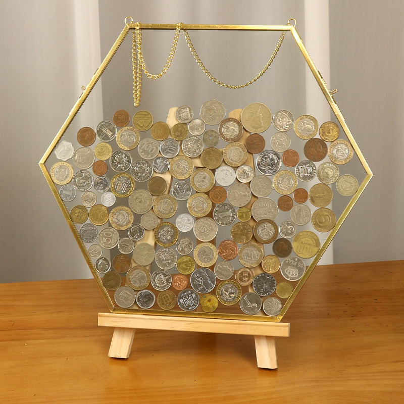 Hexagon Coin Collection Photo Frame Glass Transparent Specimen Clip Wall Hanging