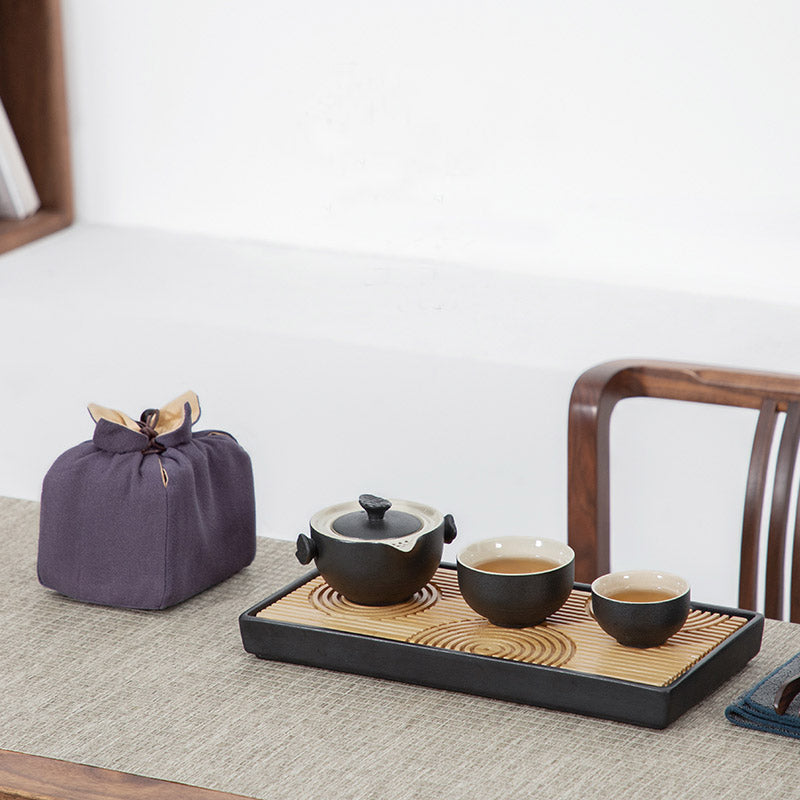 Traditional Chinese  Black Pottery Portable Teapot Set Tea Cup Holder Board