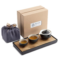 Traditional Chinese  Black Pottery Portable Teapot Set Tea Cup Holder Board