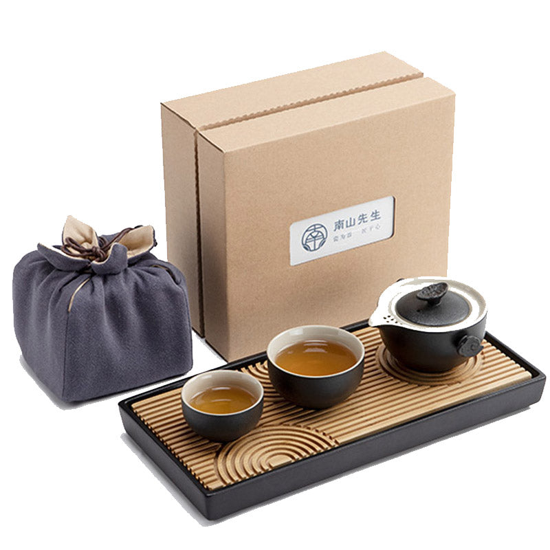 Traditional Chinese  Black Pottery Portable Teapot Set Tea Cup Holder Board
