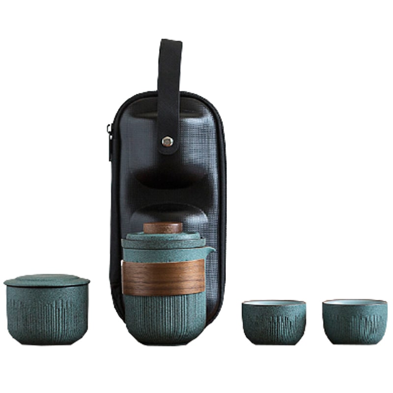 Bluestone Glazed Striped One Pot Two Cups Ceramic Portable Bag Travel Tea Set