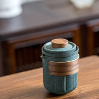 Bluestone Glazed Striped One Pot Two Cups Ceramic Portable Bag Travel Tea Set