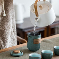 Bluestone Glazed Striped One Pot Two Cups Ceramic Portable Bag Travel Tea Set