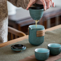 Bluestone Glazed Striped One Pot Two Cups Ceramic Portable Bag Travel Tea Set