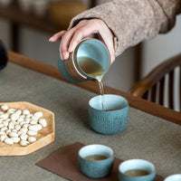 Bluestone Glazed Striped One Pot Two Cups Ceramic Portable Bag Travel Tea Set