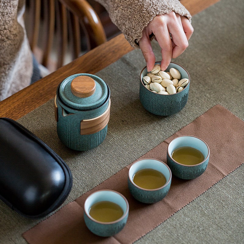 Bluestone Glazed Striped One Pot Two Cups Ceramic Portable Bag Travel Tea Set