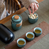 Bluestone Glazed Striped One Pot Two Cups Ceramic Portable Bag Travel Tea Set