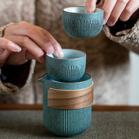 Bluestone Glazed Striped One Pot Two Cups Ceramic Portable Bag Travel Tea Set