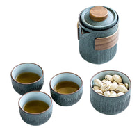 Bluestone Glazed Striped One Pot Two Cups Ceramic Portable Bag Travel Tea Set