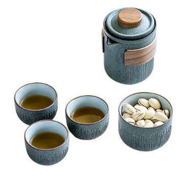 Bluestone Glazed Striped One Pot Two Cups Ceramic Portable Bag Travel Tea Set
