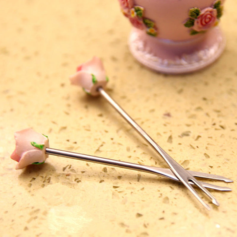 Creative Cake Dessert Fruit Stir Fork Stainless Steel Jar Resin Rose Embossed