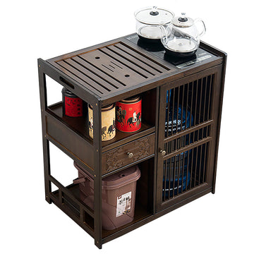 Bamboo Mobile Tea Cart Small Table Home Balcony Tea Set Tray Kettle Cabinet
