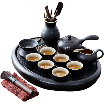 High-quality Black Stone Pottery Side Handle Pot Set Tea Tray Oval Copper Core