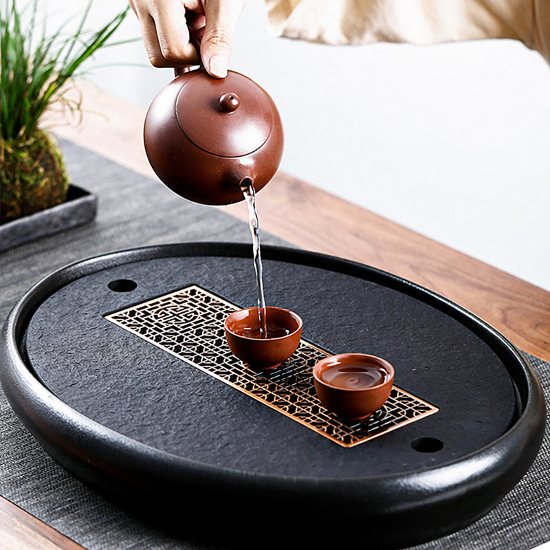 High-quality Black Stone Pottery Side Handle Pot Set Tea Tray Oval Copper Core