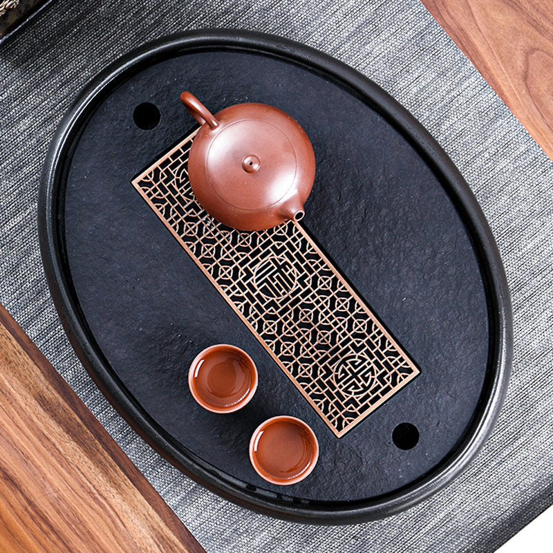 High-quality Black Stone Pottery Side Handle Pot Set Tea Tray Oval Copper Core