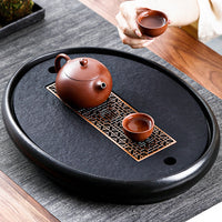 High-quality Black Stone Pottery Side Handle Pot Set Tea Tray Oval Copper Core