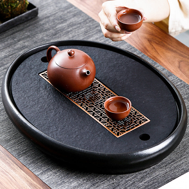 High-quality Black Stone Pottery Side Handle Pot Set Tea Tray Oval Copper Core