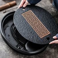 High-quality Black Stone Pottery Side Handle Pot Set Tea Tray Oval Copper Core
