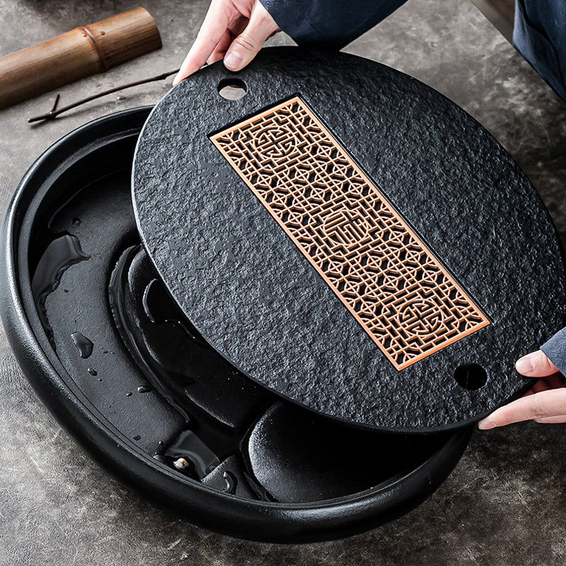 High-quality Black Stone Pottery Side Handle Pot Set Tea Tray Oval Copper Core