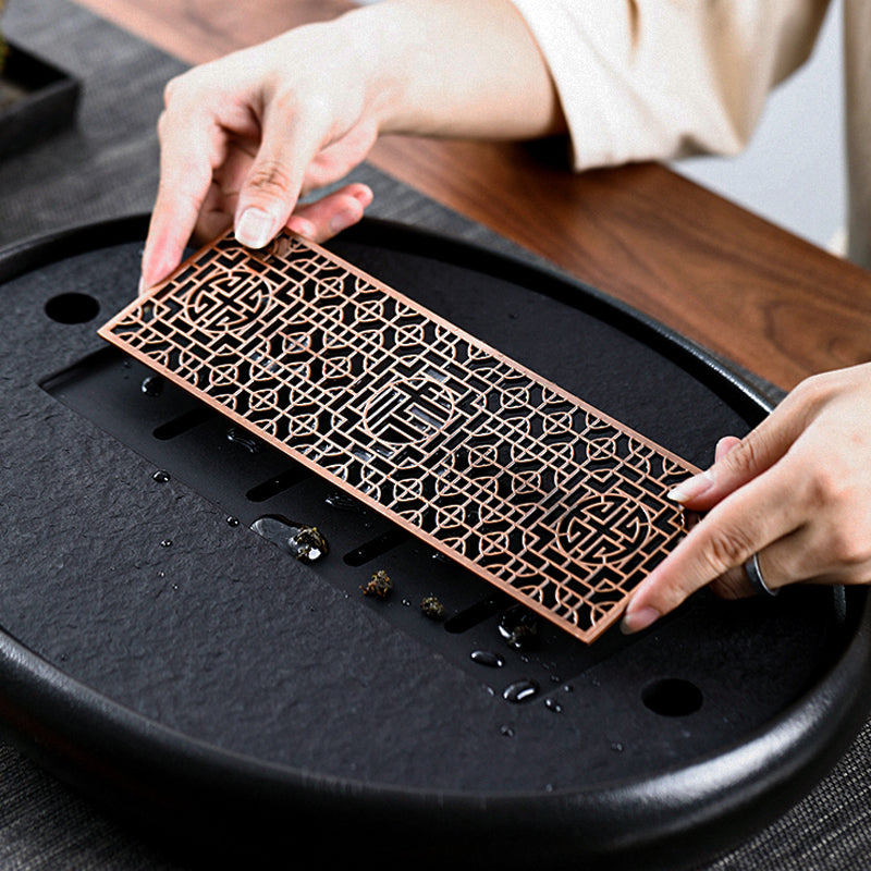 High-quality Black Stone Pottery Side Handle Pot Set Tea Tray Oval Copper Core