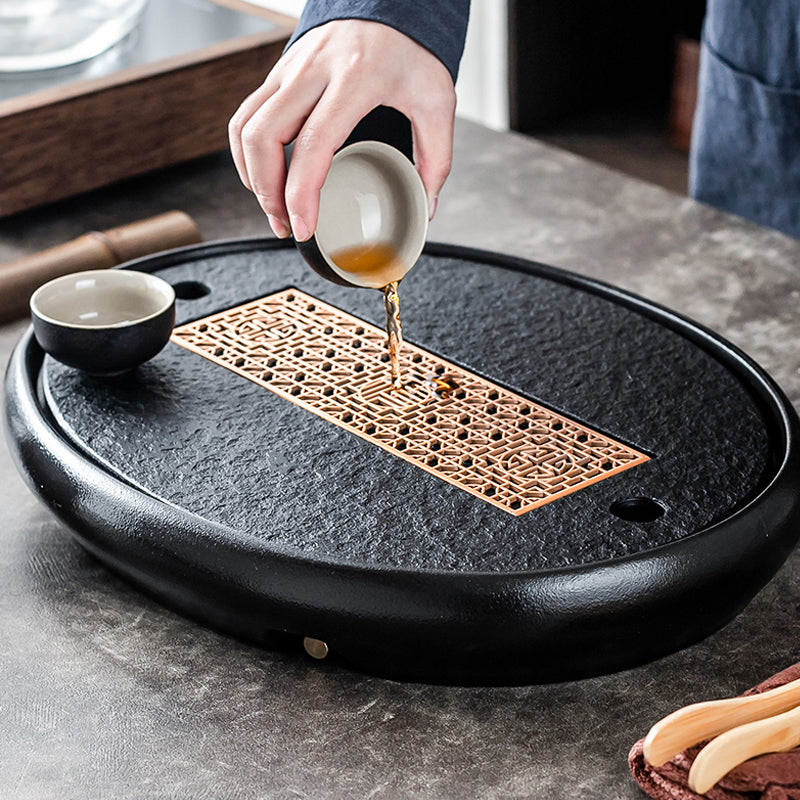 High-quality Black Stone Pottery Side Handle Pot Set Tea Tray Oval Copper Core