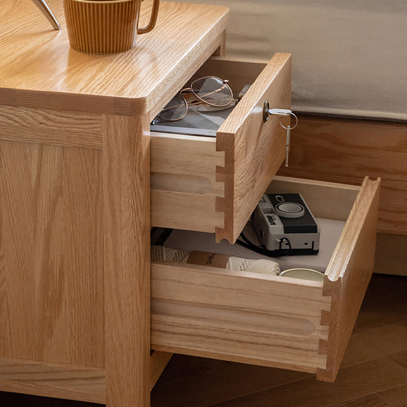 Double Drawer Oak Solid Wood Lockless Bedside Table Cabinet Bedroom Furniture