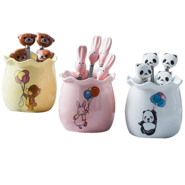 Creative Cute Design Ceramic Non-embroidered Steel Snack Dessert Fruit Fork Set