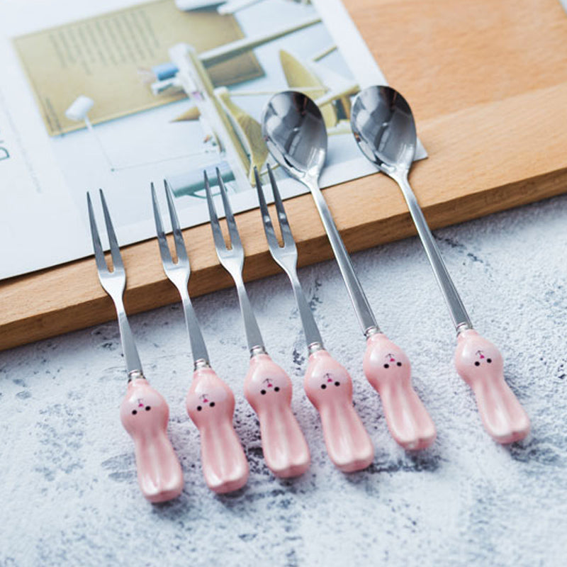 Creative Cute Design Ceramic Non-embroidered Steel Snack Dessert Fruit Fork Set