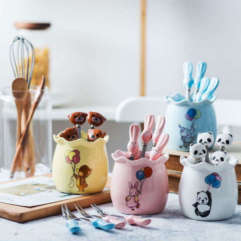 Creative Cute Design Ceramic Non-embroidered Steel Snack Dessert Fruit Fork Set
