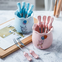 Creative Cute Design Ceramic Non-embroidered Steel Snack Dessert Fruit Fork Set