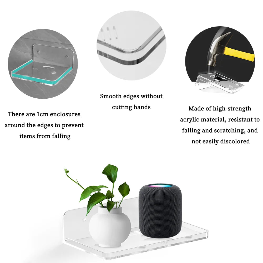 Wall Mount Floating Shelves Acrylic Clear Mini Adhesive Shelf for Living Room, Bathroom, Bedroom